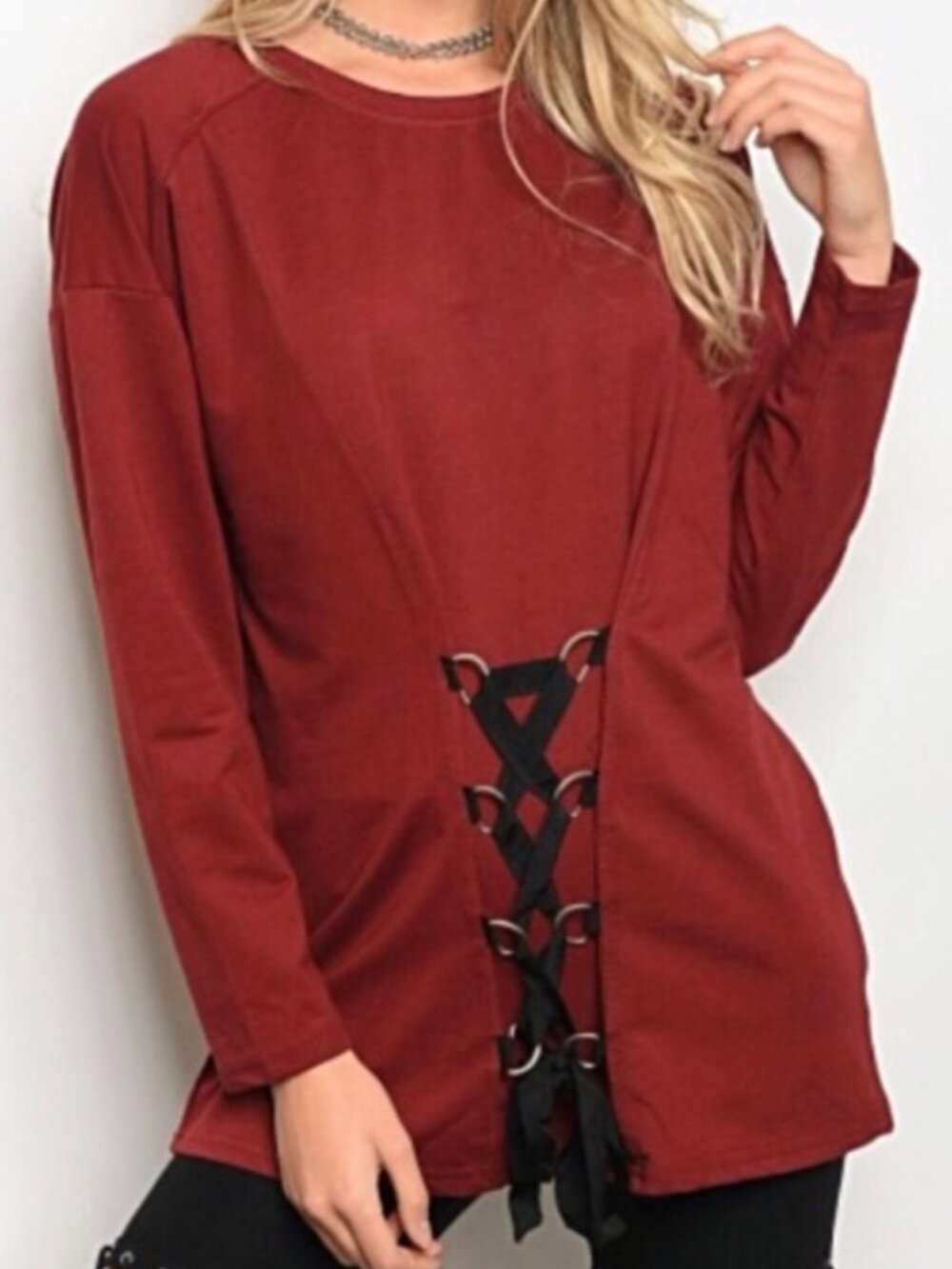 Very J Oversized Lace Up Corset Tunic Top Wine Red M Medium NWT Long Sleeve NEW